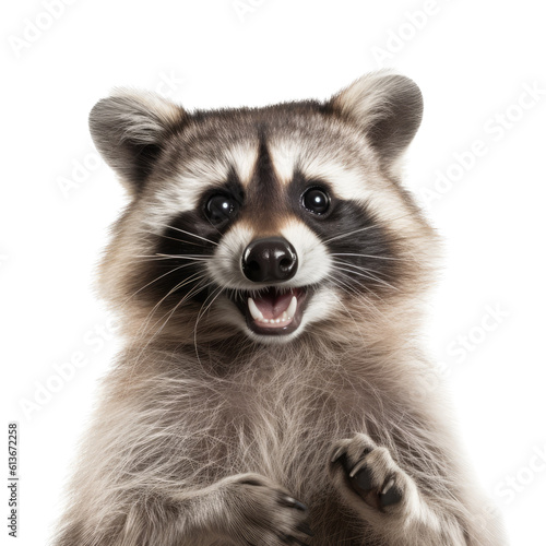 a mischievous Raccoon, happy, smiling, and healthy, Wildlife-themed, photorealistic illustrations in a PNG, cutout, and isolated. Generative AI