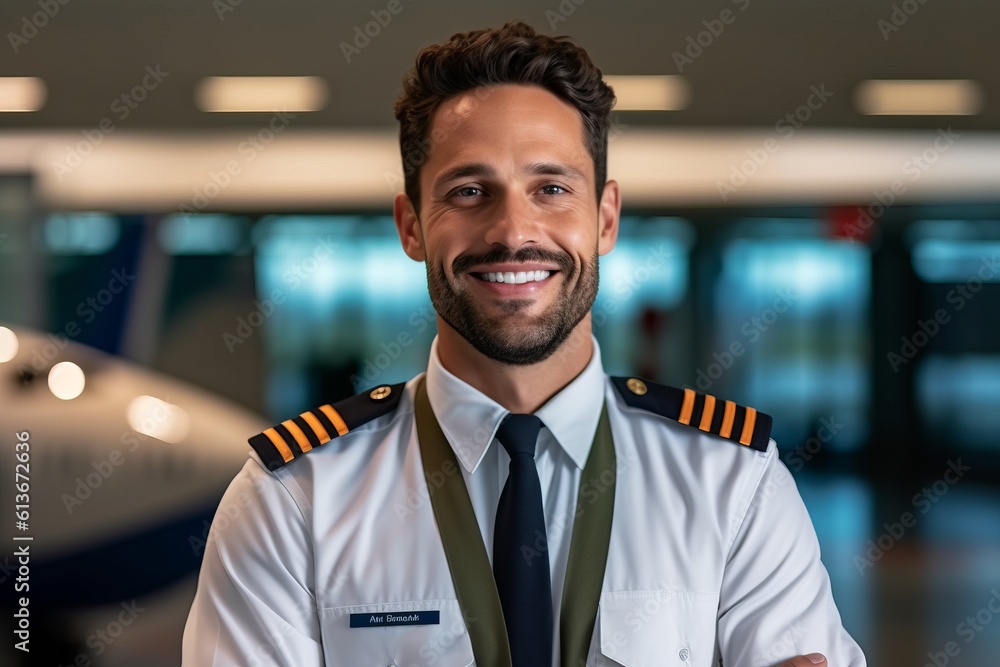 Portrait of handsome pilot smiling at camera while standing in airport. - obrazy, fototapety, plakaty 