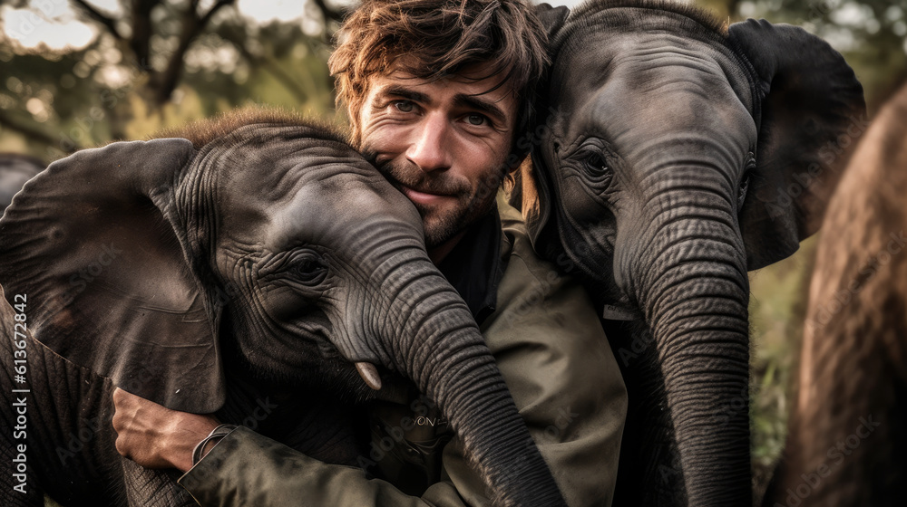 Człowiek przyjaźń ze słoniami na sawannie - obrazy, fototapety, plakaty 