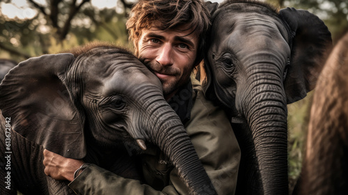 Człowiek przyjaźń ze słoniami na sawannie