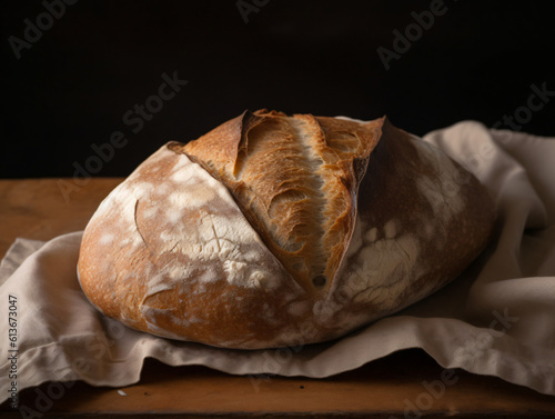A rustic bread loaf with a crusty exterior and soft  fluffy interior.