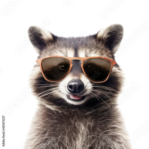 a raccoon, with sunglasses with a cheeky grin,  Fun-themed, photorealistic illustration in a PNG, cutout, and isolated. Generative AI