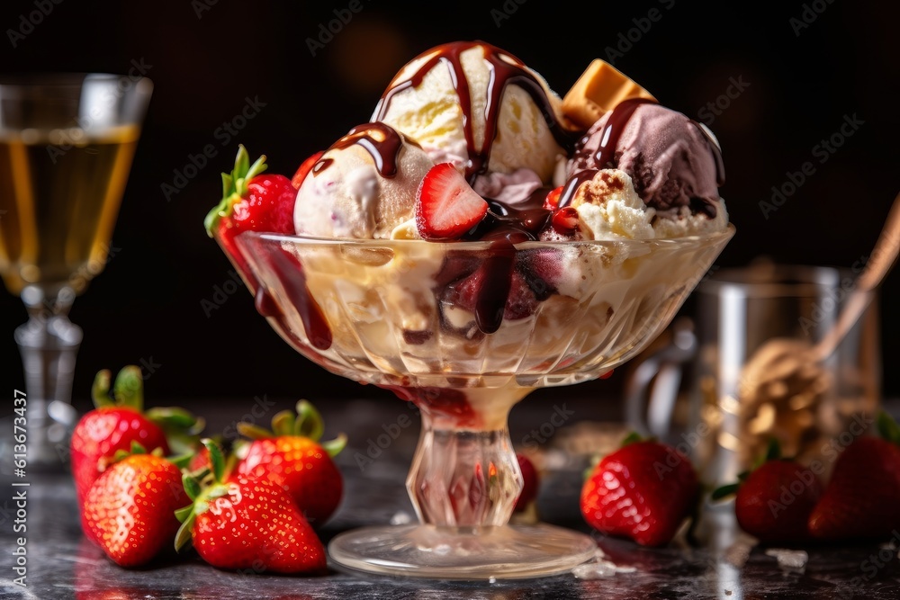 Banana split chocolate ice cream, vanilla ice cream , strawberry ice cream in a long clear glass dish with gooey fudge Banana split chocolate ice cream, vanilla ice cream , strawberry ice cream in a long clear glass dish with gooey fudge