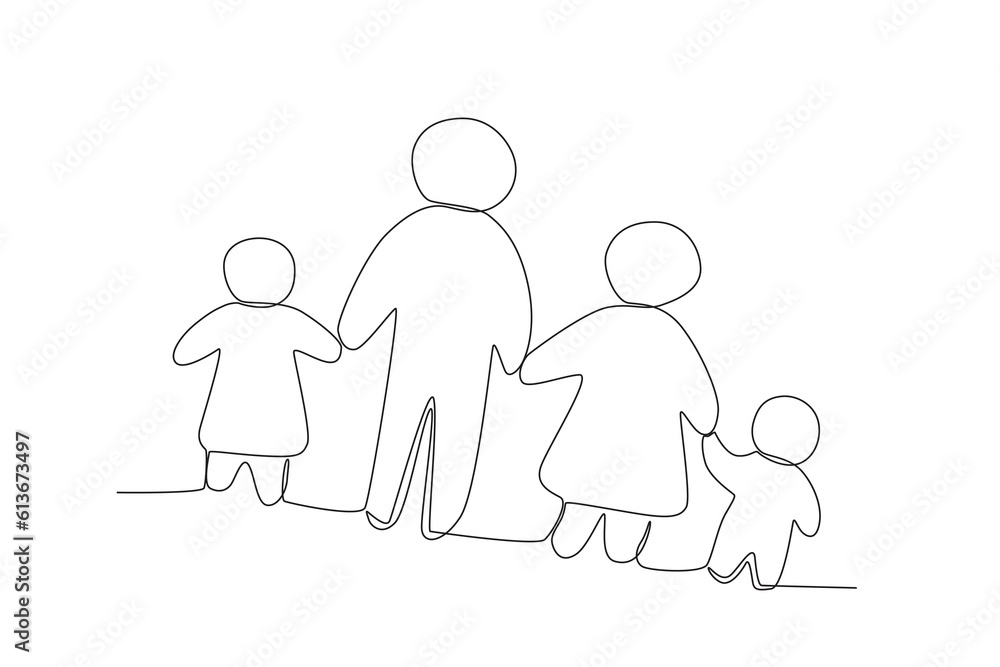 Four children holding hands. World population day one-line drawing