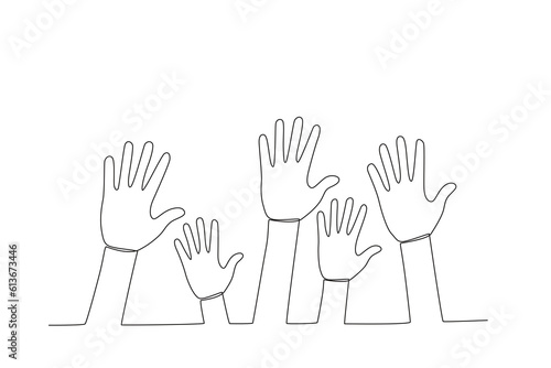 Human hands raised upwards. World population day one-line drawing