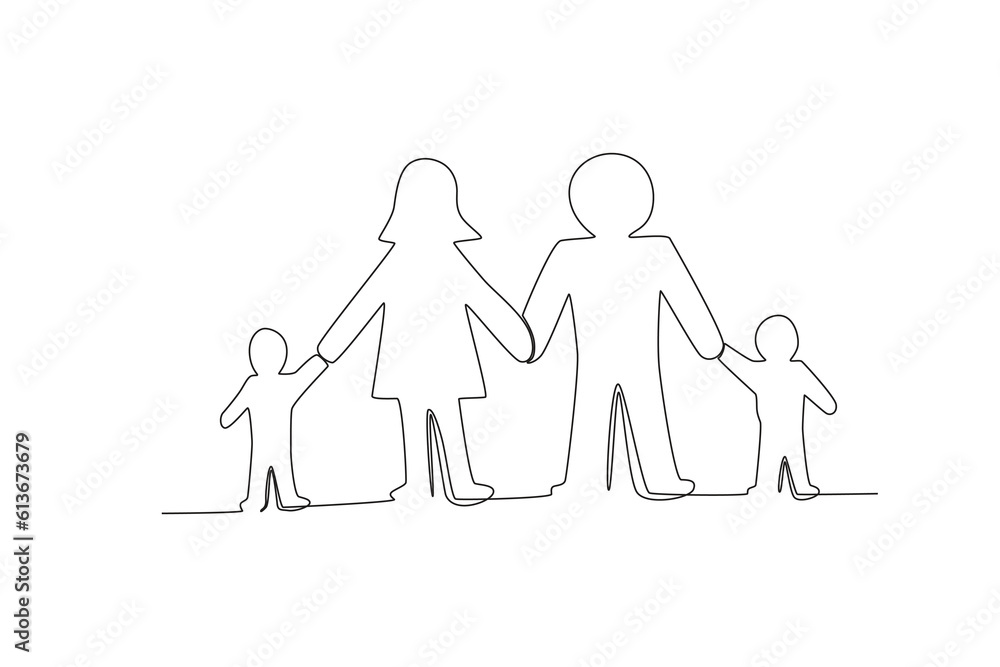 A family holding hands form a population. World population day one-line drawing A family holding hands form a population. World population day one-line drawing
