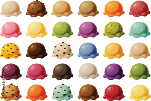 Cute vector illustration of various colorful scoops of ice cream.