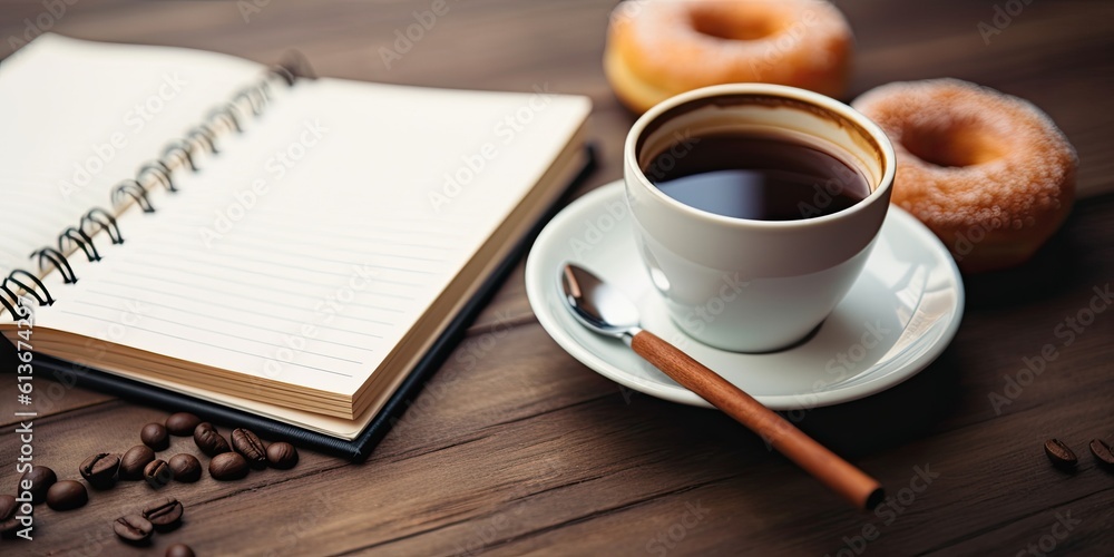 a Horizontal, blank notebook with a coffee cup and pen/pencil in a product display, Commercial-themed, in JPG. Generative AI a Horizontal, blank notebook with a coffee cup and pen/pencil in a product display, Commercial-themed, in JPG. Generative AI