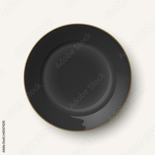 Vector 3d Realistic Black with Golden Border Empty Porcelain, Ceramic Plate Icon Closeup Isolated. Design Template for Mockup. Stock Vector Illustration. Front, Top View