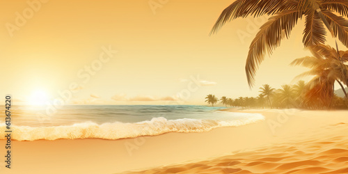 Summer Banner - Sunny Sand With Palm Leaves In Tropical Beach. Generative AI.