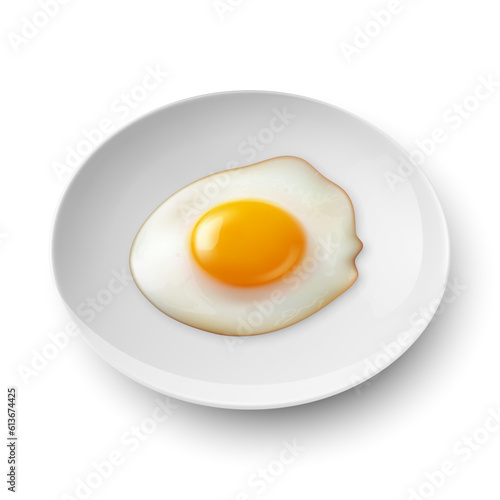 Vector 3d Realistic White Plate, Dish with Fried Egg, Omelet Inside Isolated on White Background. Healthy Breakfast, Protein Food, Diet Meal Concept. Design Template, Mockup. Top, Side View
