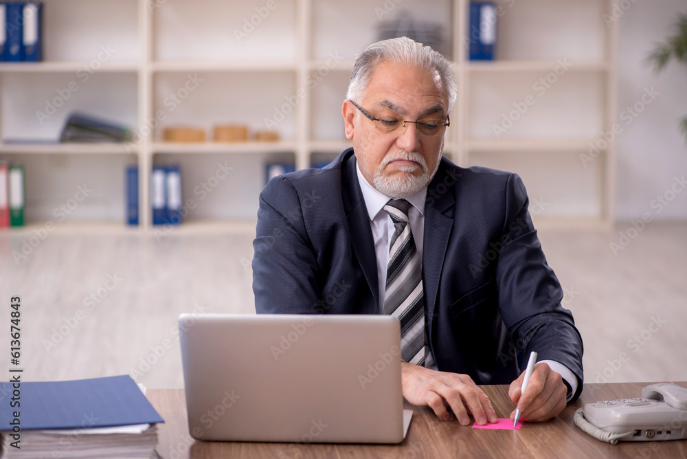 Old male employee working in the office Old male employee working in the office