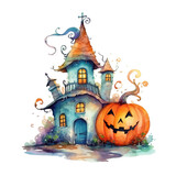 A watercolor painting of a house and a pumpkin. Generative AI.