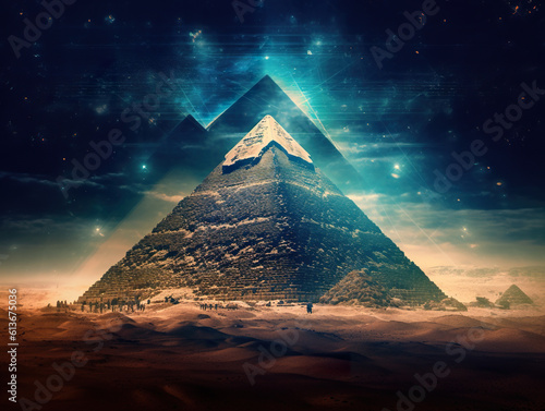 A pyramid in the desert with a sky background. Generative AI.
