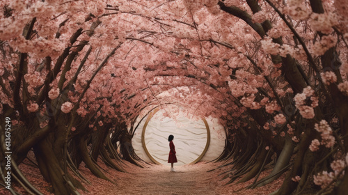 Dziewczynka stoi w ogrodzie różowych drzew tworzących przejście