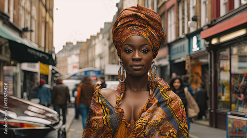 Czarnoskóra kobieta w mieście na ulicy, elegancko ubrana.  © Artur48
