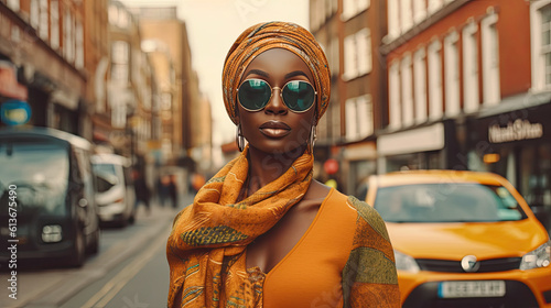 Czarnoskóra kobieta w okularach idzie w mieście na ulicy, elegancko ubrana. 