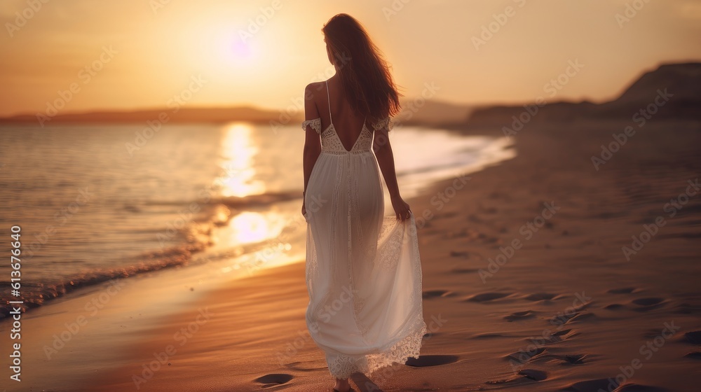 beautiful woman in white dress walking along the beach