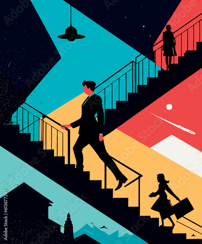 Abstract conceptual business poster with businessman and business woman. People in business suits. Vector illustration.