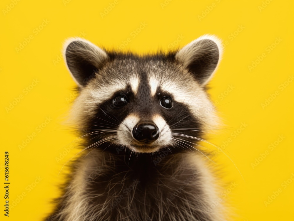 A close up of a raccoon on a yellow background. Generative AI image.