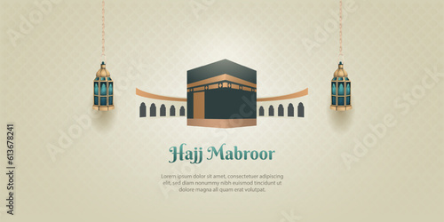 islamic hajj pilgrimage card design with two gold lanterns and holy kaaba photo