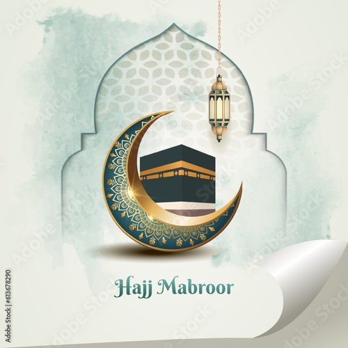 islamic hajj pilgrimage card design with crescent moon, lanterns and holy kaaba photo