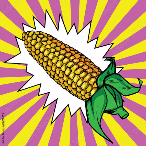 Fresh raw corn cob with leaves on pop art style background. Hand drawn vector illustration. Comic book style, retro, vintage illustration vector