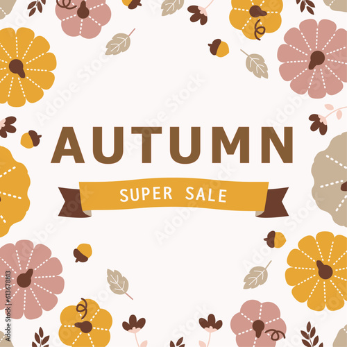 かぼちゃと秋の木の実イラストバナー 1:1 ベクター web 背景 素材