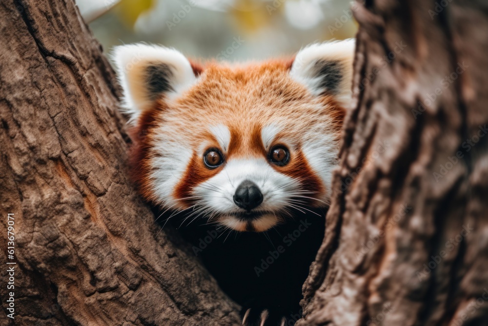 A red panda peeks out from behind a tree. Generative AI image. A red panda peeks out from behind a tree. Generative AI image.
