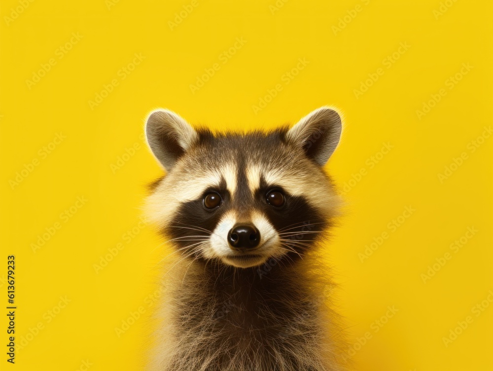 A close up of a raccoon on a yellow background. Generative AI image. A close up of a raccoon on a yellow background. Generative AI image.