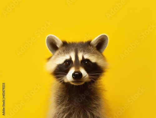 A close up of a raccoon on a yellow background. Generative AI image. © Alexandr