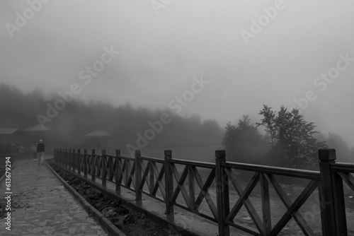 In a foggy day  a person walking on the path in the forest  wooden railing