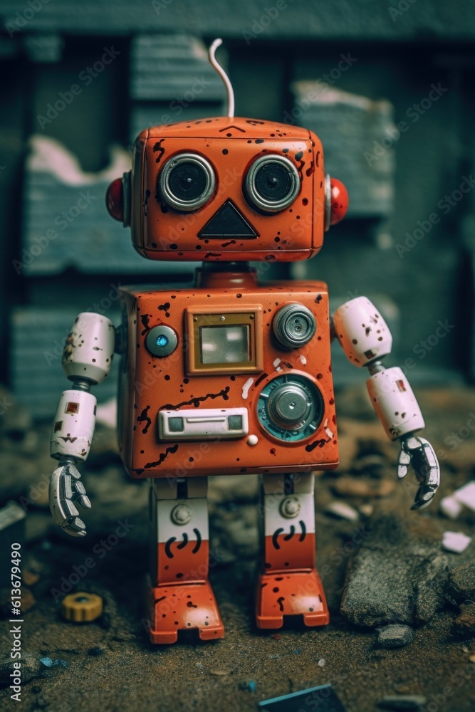 Fototapeta premium A toy robot sitting on top of a pile of rubble. Generative AI image.