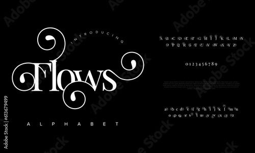 Flows elegant luxury abstract wedding fashion logo font alphabet. Minimal classic  urban fonts for logo, brand etc. Typography typeface uppercase lowercase and number. vector illustration