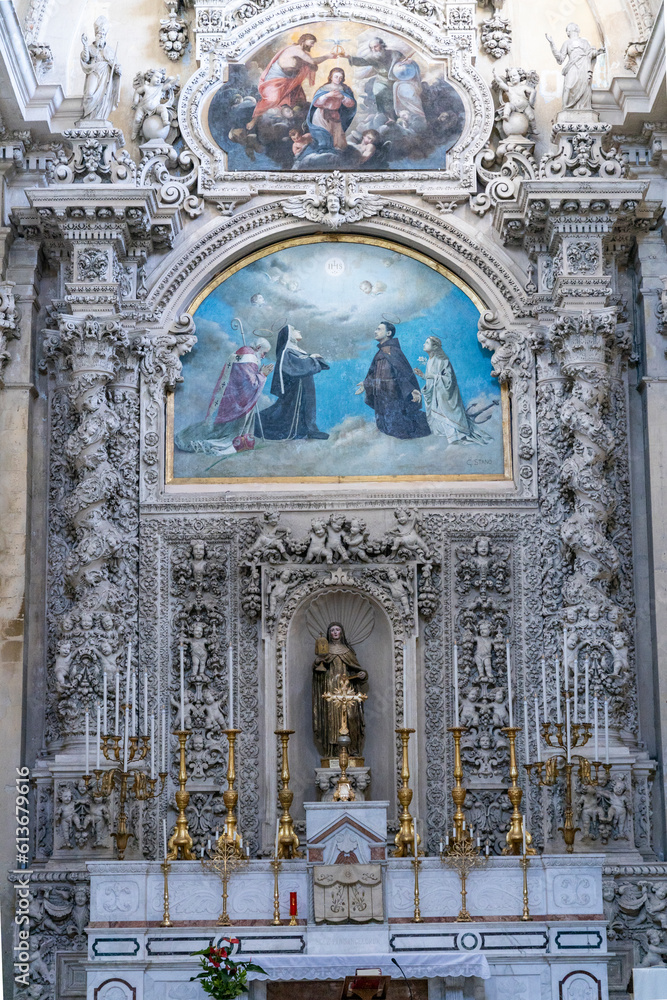 Four of the most beautiful churches in Lecce: Cathedral, Santa Croce, San Matteo, Santa Chiara. Details, frescoes, twisted columns and statues. Decorations of Lecce Baroque. View of cathedral crypt.
