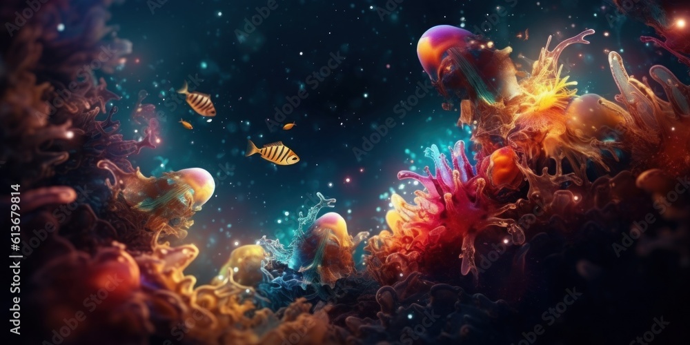 A group of jellyfish swimming in the ocean. Generative AI image.