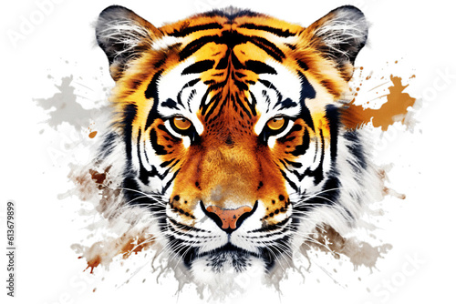 The tiger's face on a white background, isolated.