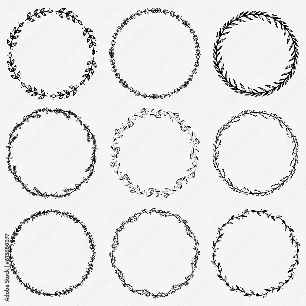 Set of round laurel wreaths. Vector design elements. Flower border doodle line from hand drawn Set of round laurel wreaths. Vector design elements. Flower border doodle line from hand drawn