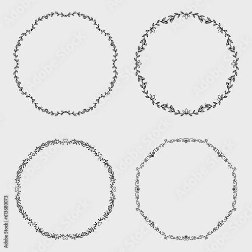 Set of round laurel wreaths. Vector design elements. Flower border doodle line from hand drawn
