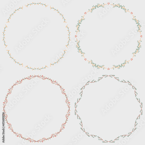 Set of round laurel wreaths. Vector design elements. Flower border doodle line from hand drawn