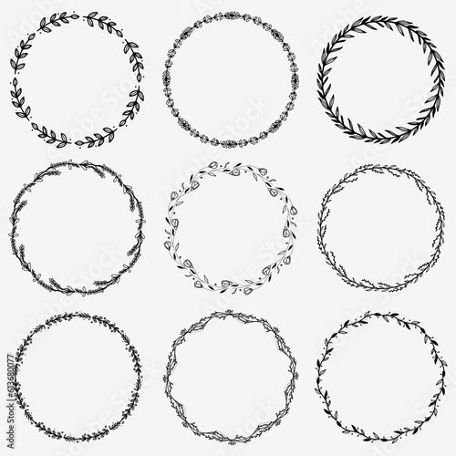 Set of round laurel wreaths. Vector design elements. Flower border doodle line from hand drawn