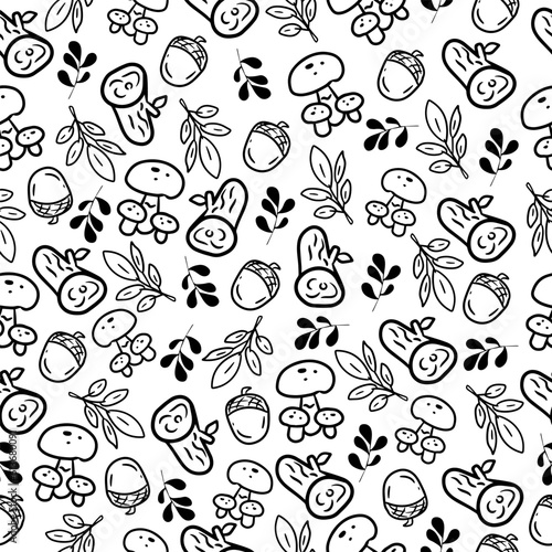 Vector hand drawn pattern with autumn elements contours: mushrooms, acorn, tree leaves, saw cut of a tree background. Line art for your paper, textile, texture, wallpapers, web, card design.