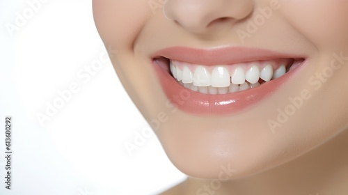 a close up photo of the lower part of a female face. beautiful cute smile with very clean perfect teeth. chin, nose and mouth visible. dental service advertisement. white background. Generative AI