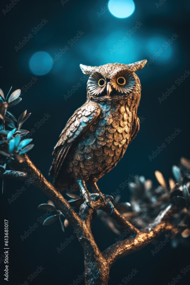 An owl perched on a branch with a full moon in the background. Generative AI image. An owl perched on a branch with a full moon in the background. Generative AI image.