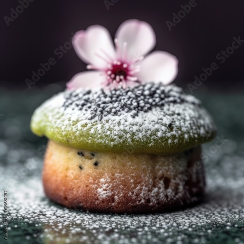A cupcake with powdered sugar and a flower on top. Generative AI image.