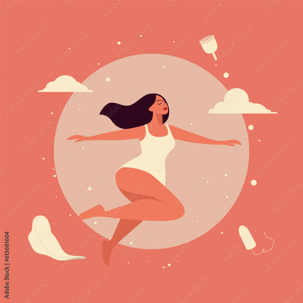 Vector Flying, Soaring Happy Woman in a Jump on Pink Background with Sanitary Napkin, Menstrual Cup, Tampon Around Her. Womens Health, Feminine Menstrual Cycle, Menstruation, Hygiene Concept Banner