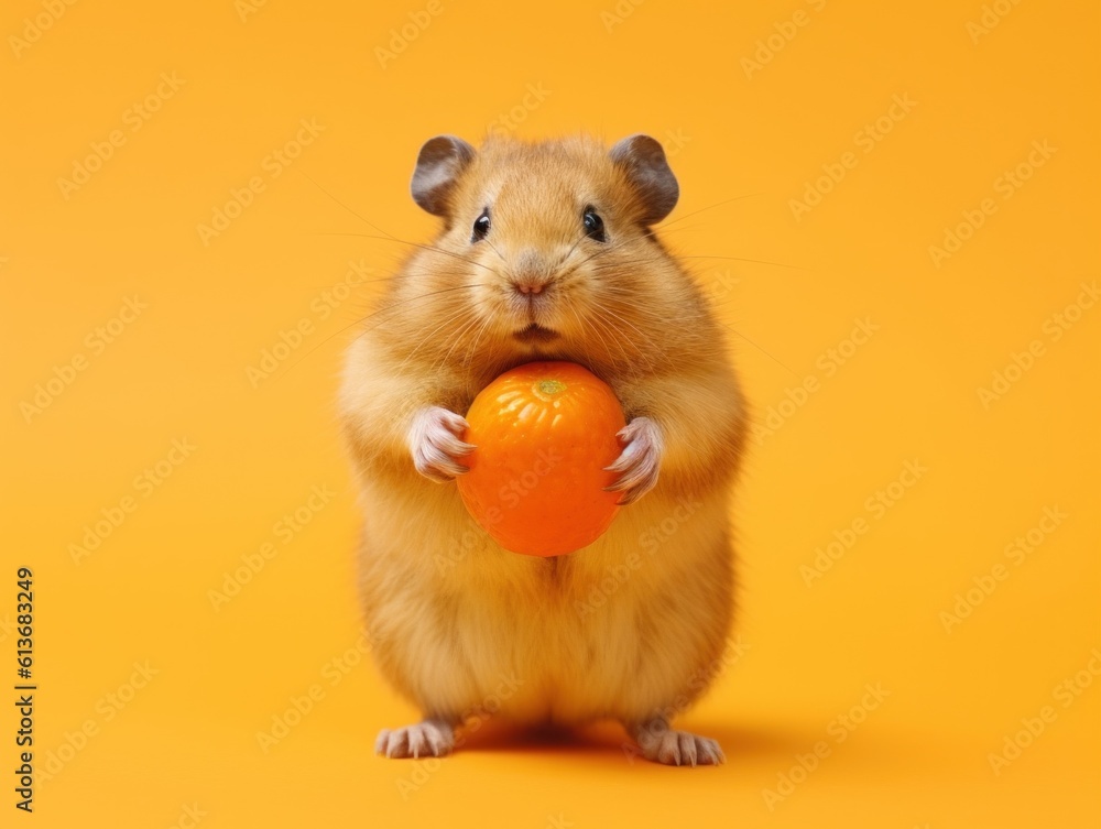Obraz premium A hamster holding an orange in its paws. Generative AI image.