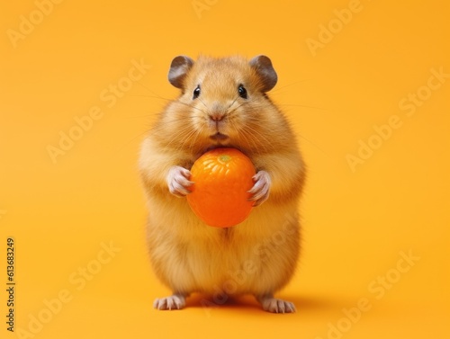 A hamster holding an orange in its paws. Generative AI image.