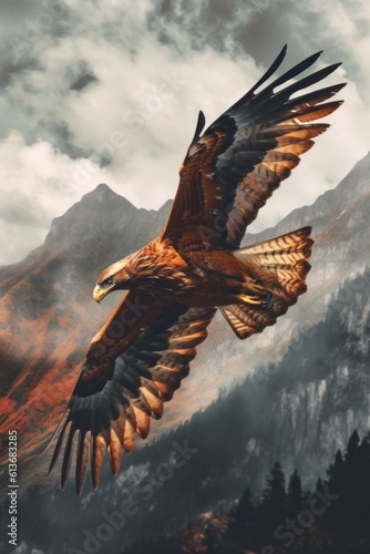 A large bird of prey flying over a mountain range. Generative AI image.