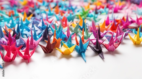 A group of origami cranes are arranged on a table. Generative AI image.